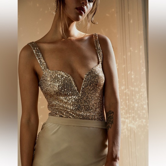 Free People Tops - Free People Intimately Sparks Fly Corset Sequin Glitter Sparkley V Neck Bodysuit
